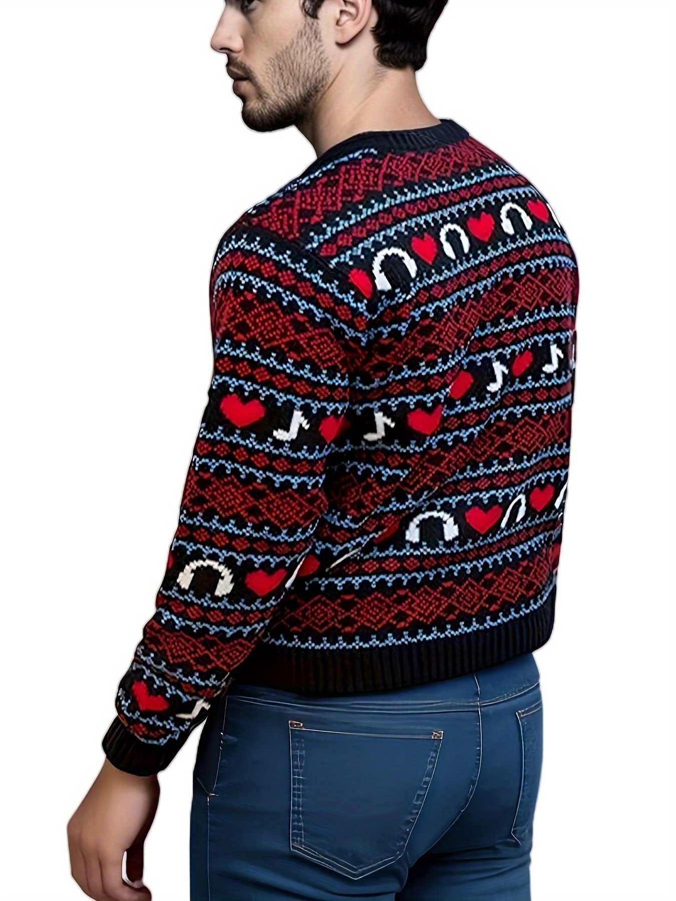 mens headphone love and geometric graphic pattern knit crew neck long sleeve sweater trendy and stylish tops for autumn and winter outdoors and sports wear details 3